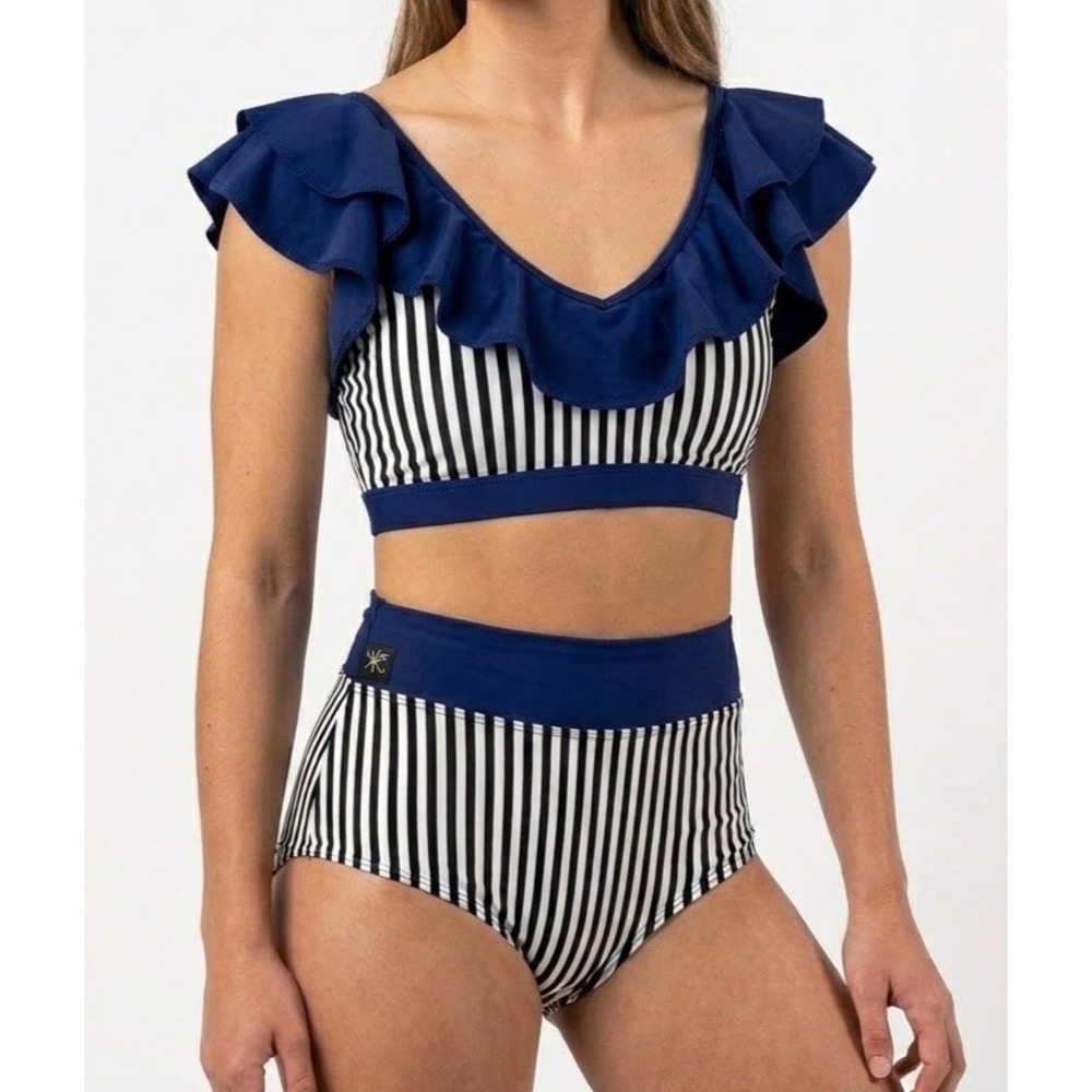 Kandi Kouture 2-Piece Dance Set Girls Small Blue Ruffle High Waisted Striped
